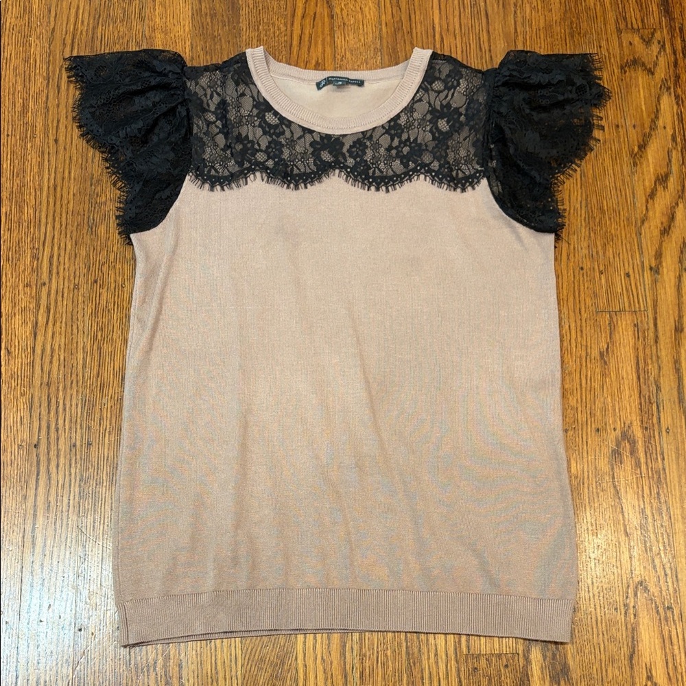 Adrianna Papell Tan Sweater with Black Lace Yoke & Ruffle Sleeves – Women’s XS